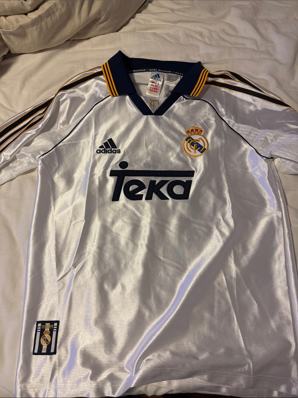 adidas retro Real Madrid White and Navy Crest Soccer Jersey